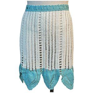 Vintage Crocheted Half Apron White Turquoise Crochet Handmade Ties at Waist